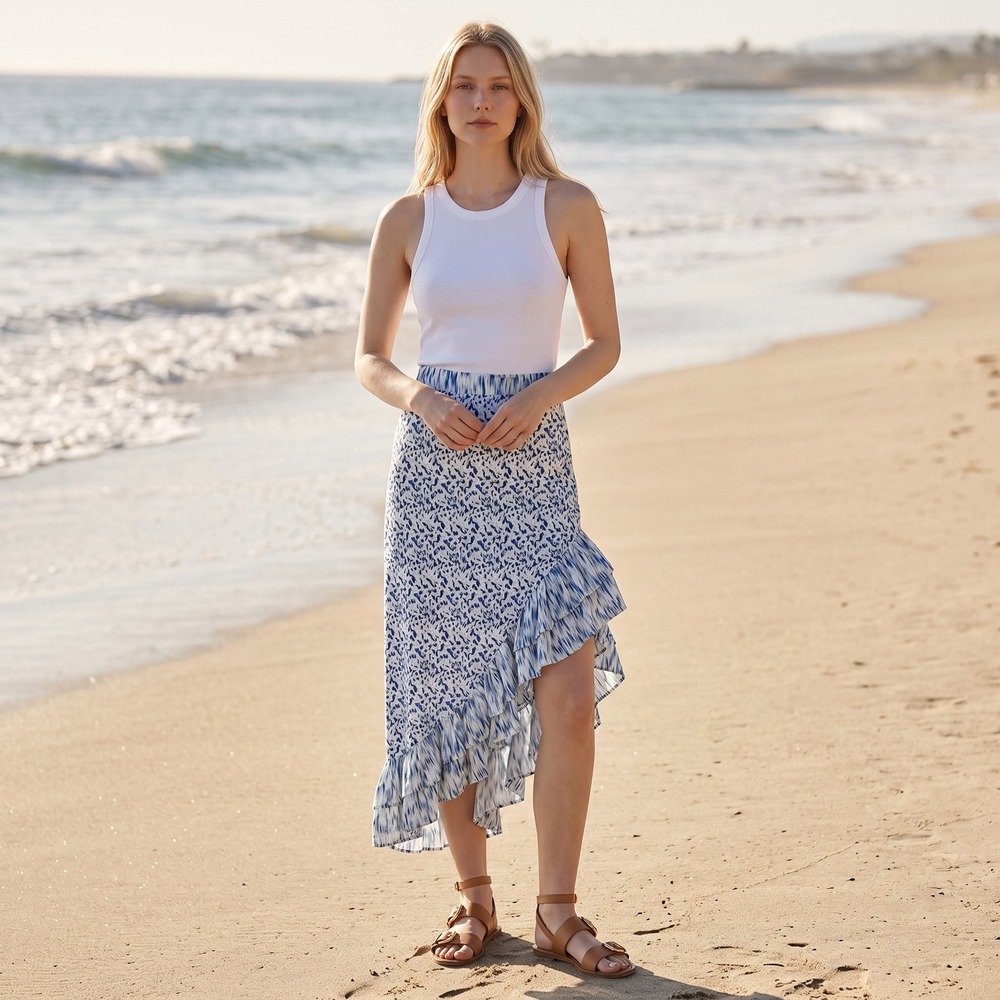 Beachgold Ikat Skirt Asymmetrical Hem Ruffle Midi Womens XS Blue White Abstract